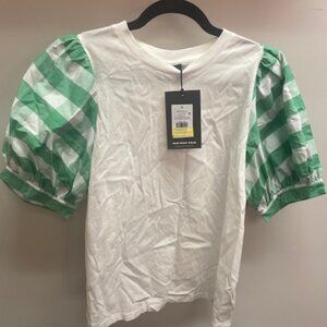 Who What Wear: Green & White Gingham Sleeve T-Shirt Top